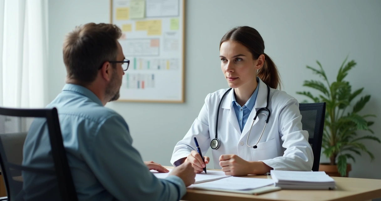 Profissional de saúde e paciente em consulta em ambiente clínico 