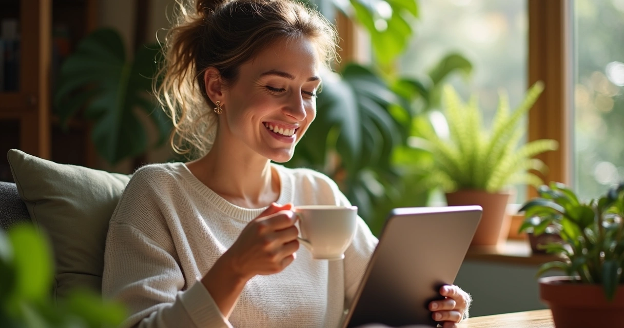 Mulher sorrindo durante consulta online de baralho cigano 