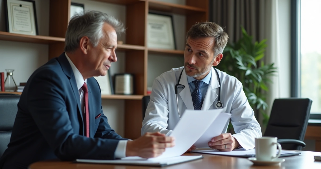 Advogado e médico conversando sobre gestão de risco em escritório 