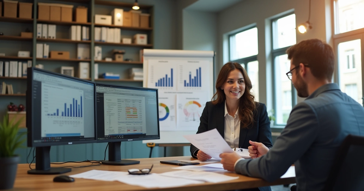 Empresário sentado à mesa consultando contador em sala de escritório com computadores, papéis fiscais e gráficos de atividades de microempresa 