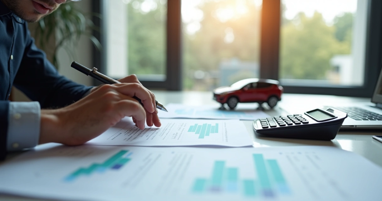 Pessoa consultando contrato de financiamento de veículo, analisando taxas e gráficos