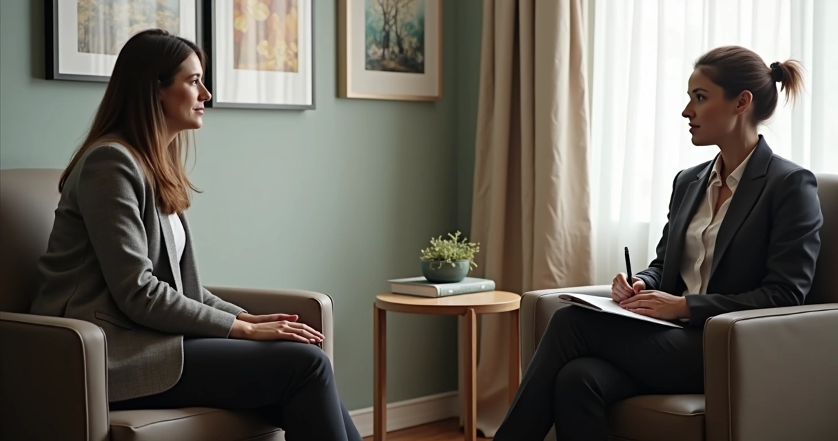 Psicólogo e paciente conversando em consultório 