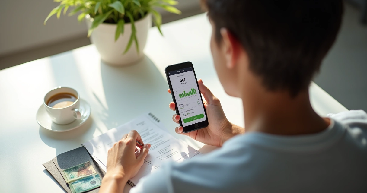 Pessoa usando smartphone com tela de aplicativo de finanças aberta 