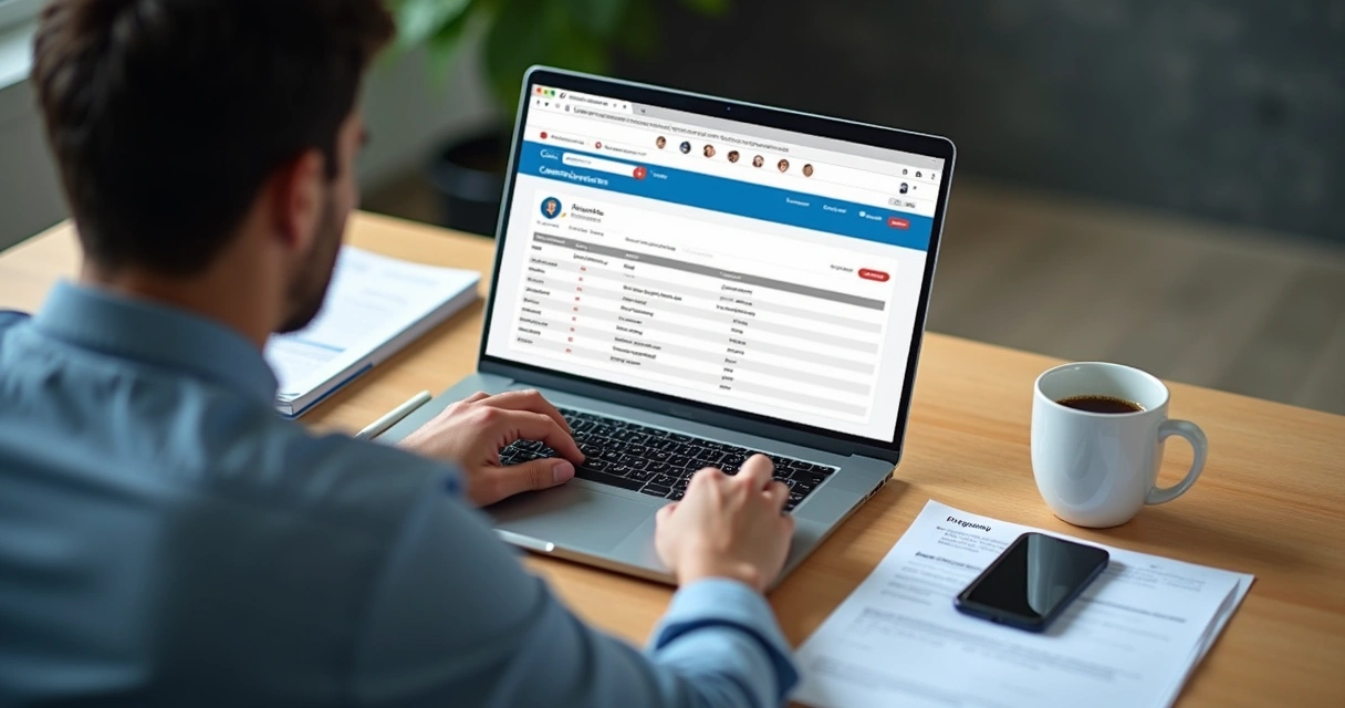 Tela de consulta de CPF em um notebook com documentos ao lado. 