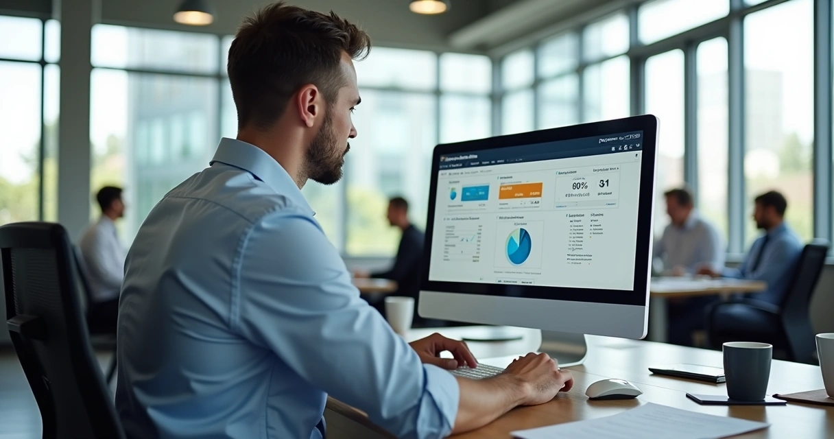 Tela de computador exibindo consulta de dados empresariais com gráficos 