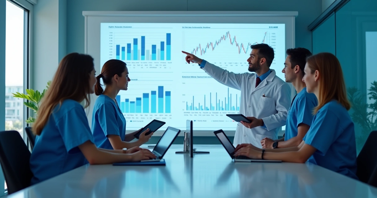 Equipe odontológica reunida analisando gráficos financeiros em tela grande 
