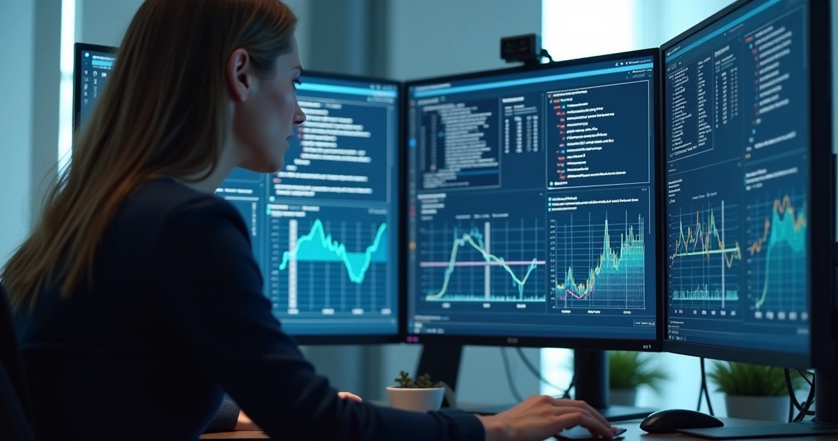 Pessoa analisando grandes telas com consultas SQL organizadas 