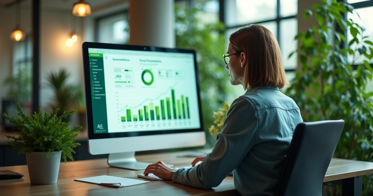 Analista consultando gráficos de sustentabilidade empresarial em tela digital 