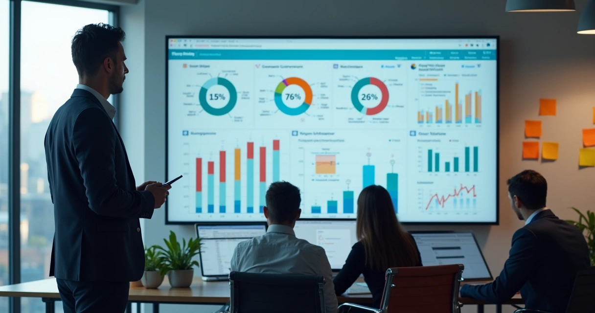 Gestor olhando dashboard em tela grande com indicadores de atendimento de clientes