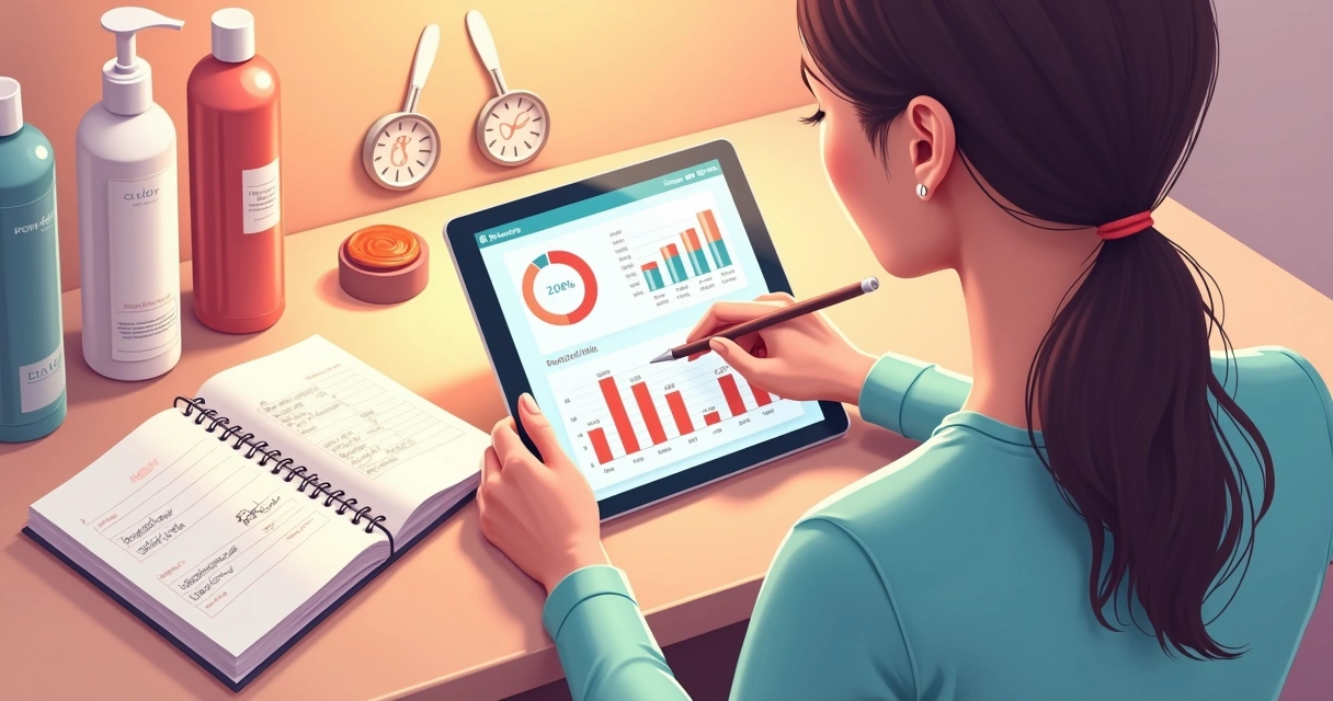 Profissional de depilação analisando gráficos de custos e preços no tablet, ao lado de materiais de trabalho e agenda, ambiente limpo e iluminado 