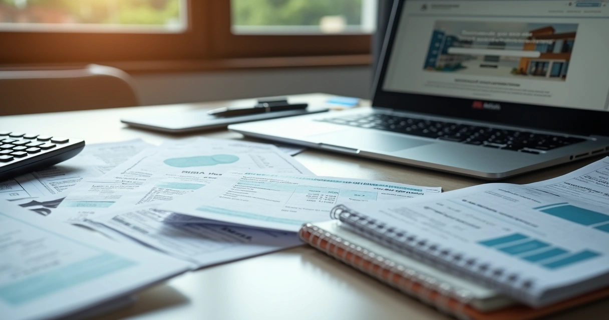 Consulta de débitos e documentos de imóvel em mesa de escritório 