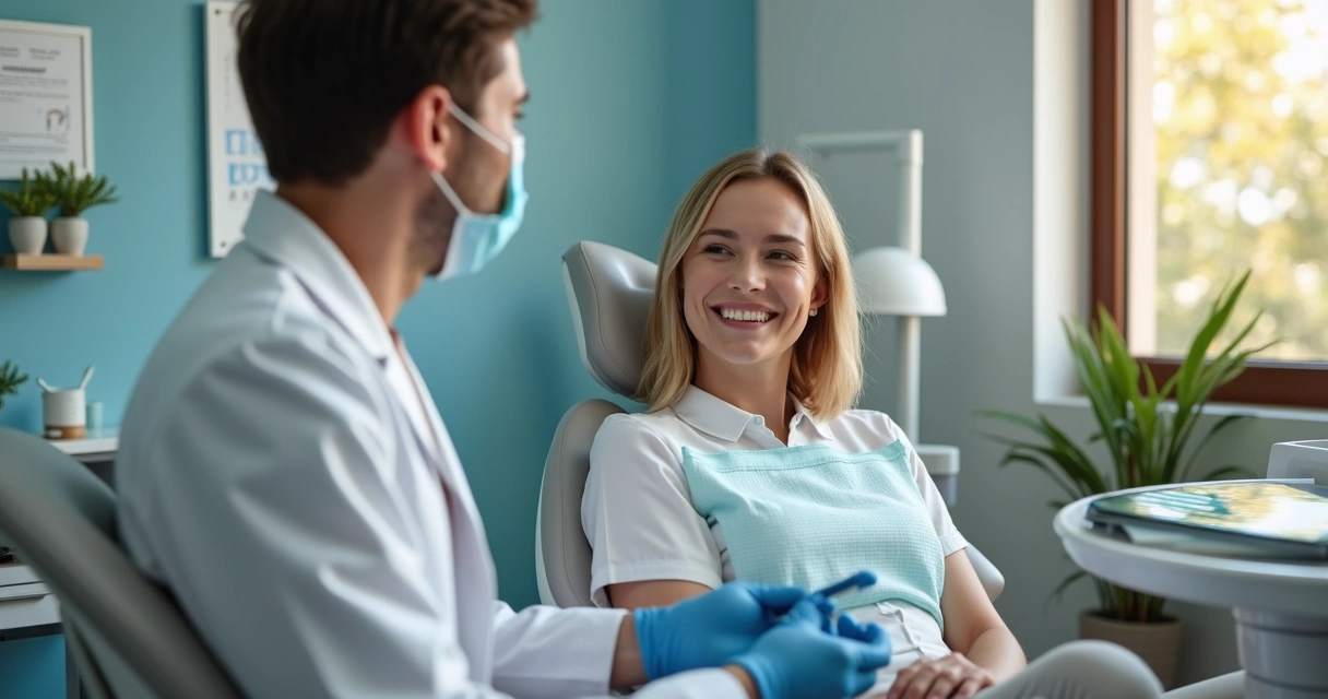 Pessoa sorrindo durante consulta odontológica com dentista em clínica moderna 