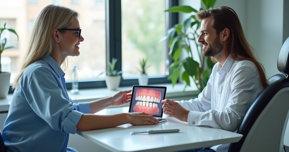 Paciente recebe consulta de dentista sobre aparelho transparente em consultório moderno