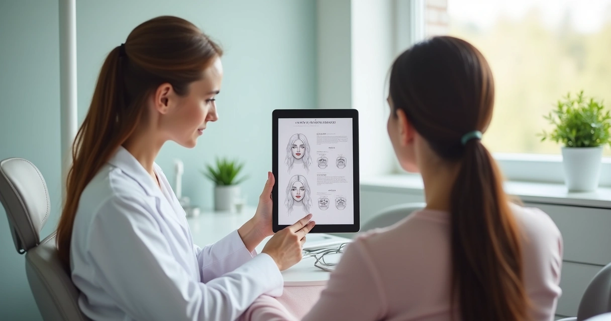 Profissional de odontologia em consultório avaliando ficha de paciente para procedimento estético 