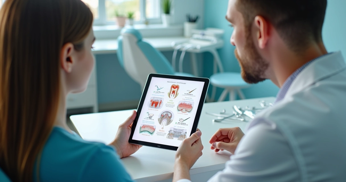 Dentista mostrando infográfico em tablet para paciente na sala de consulta