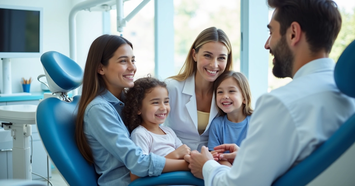 Consulta odontológica de família em consultório moderno 