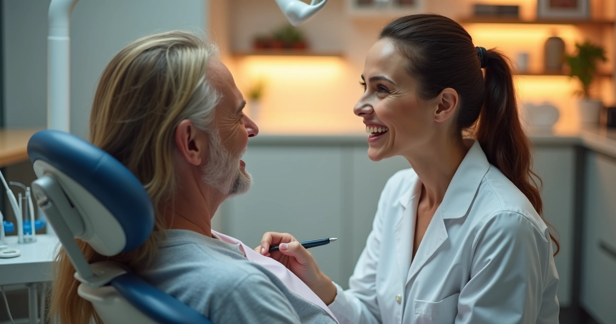 Dentista conversando com paciente durante consulta odontológica, com clima acolhedor 