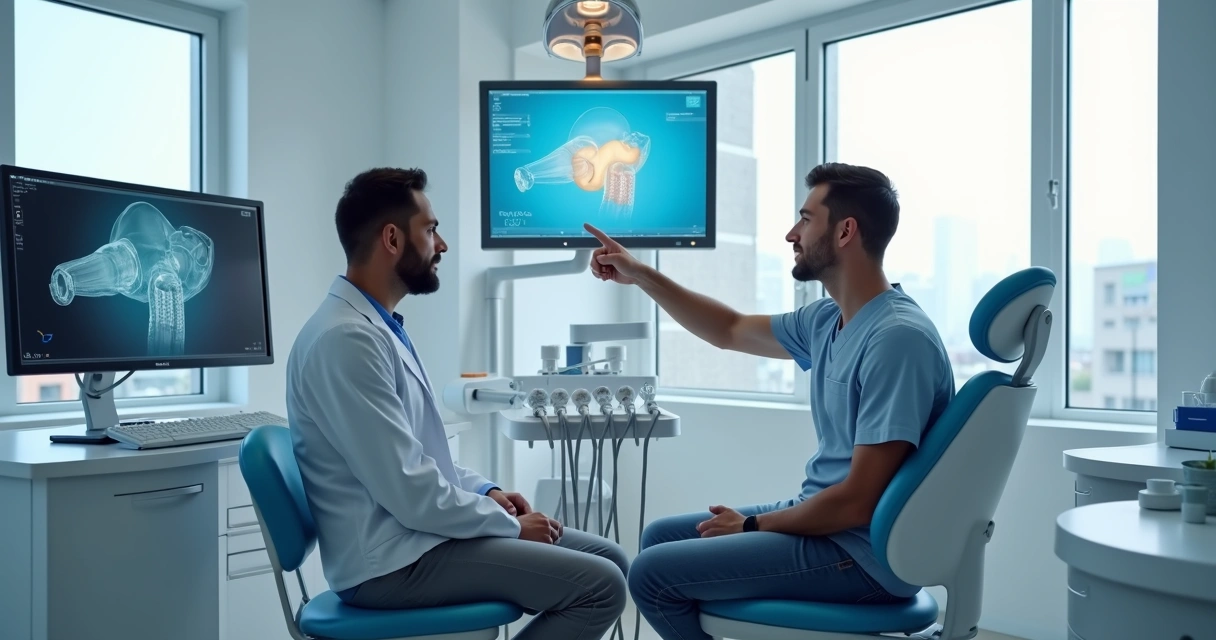 Dentista explicando procedimento de implante dentário com tecnologia avançada em consultório moderno 