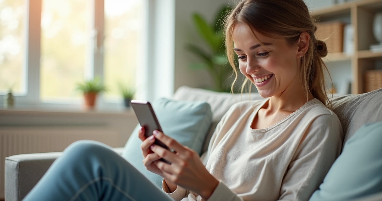 Paciente feliz recebendo mensagem no WhatsApp após consulta odontológica