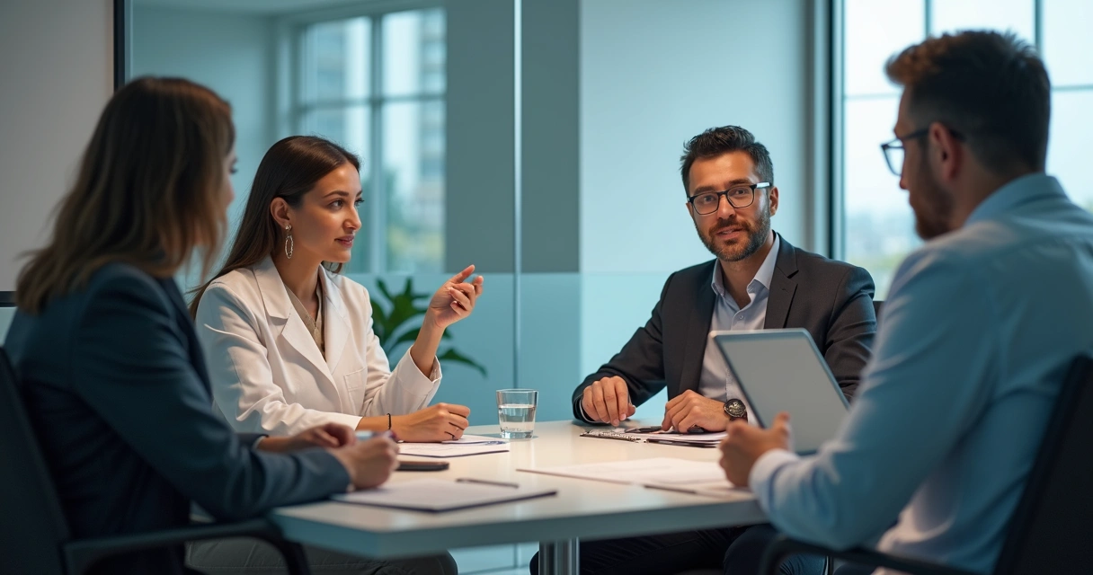 Dentistas reunidos em sala moderna discutindo comissões e resultados financeiros 