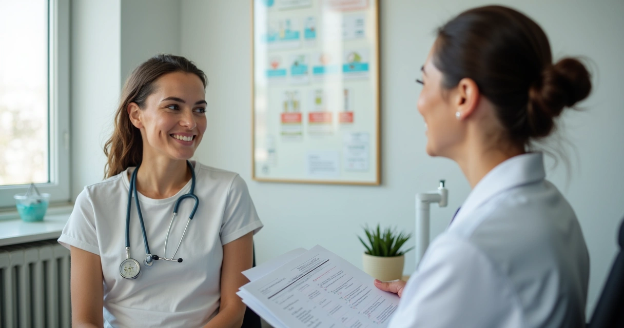 Pessoa em consulta dermatológica, sorridente, recebendo orientação do especialista 