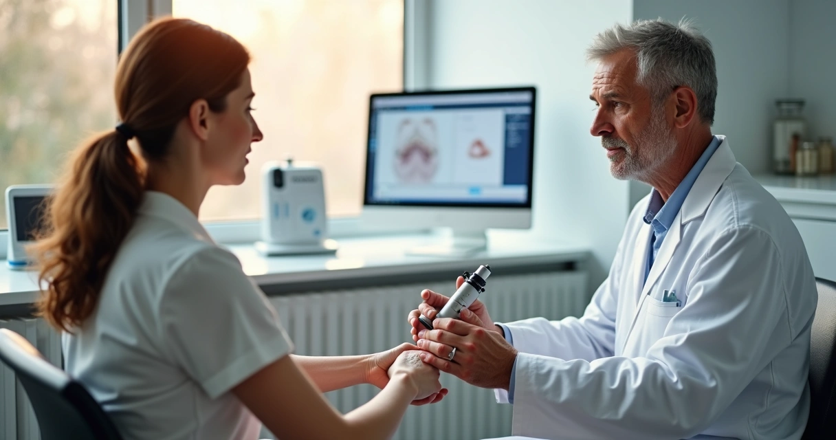 Dermatologista avaliando mancha de vitiligo no braço de paciente em consulta detalhada 