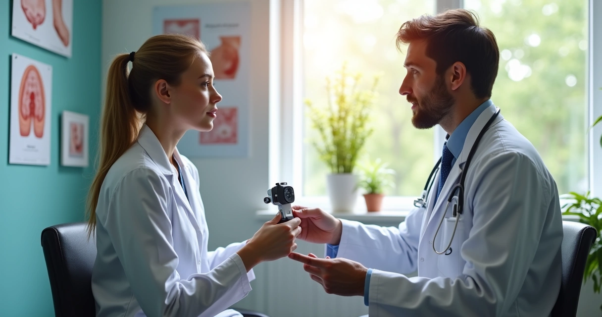 Dermatologista analisando pele de paciente jovem em consultório 