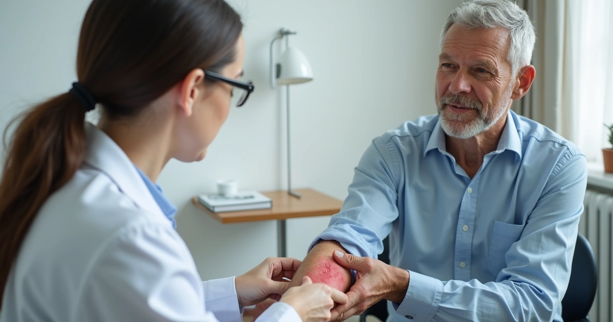Adulto em consulta com dermatologista analisando pele 