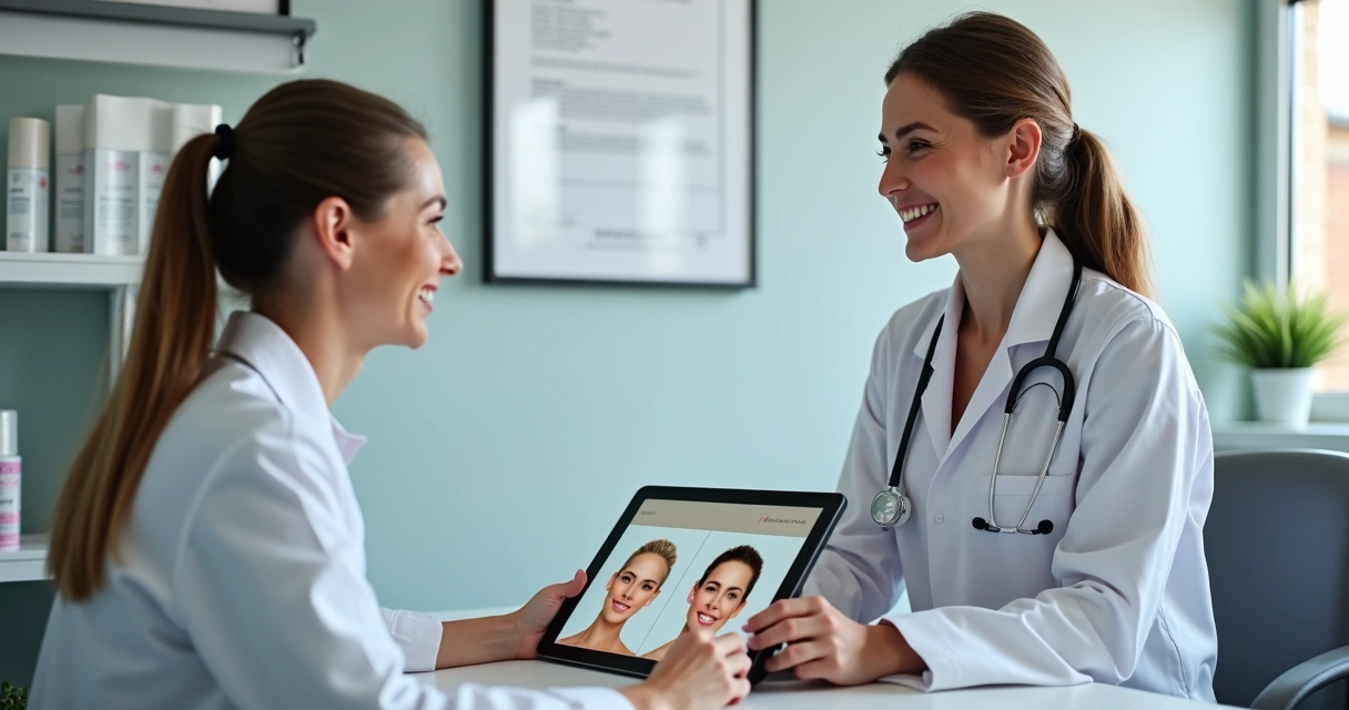 Dermatologista conversando com paciente em consultório 