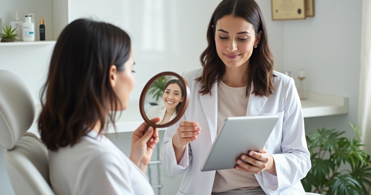 Paciente analisando rosto em espelho enquanto dermatologista mostra opções de tratamentos estéticos em tablet 