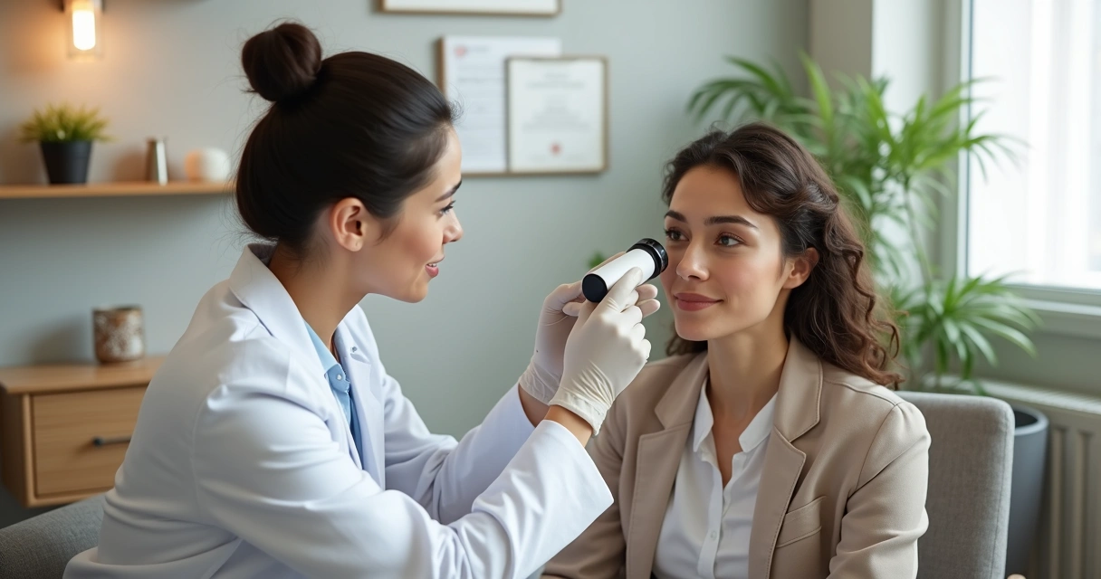 Dermatologista analisando rosto de paciente em consultório moderno 