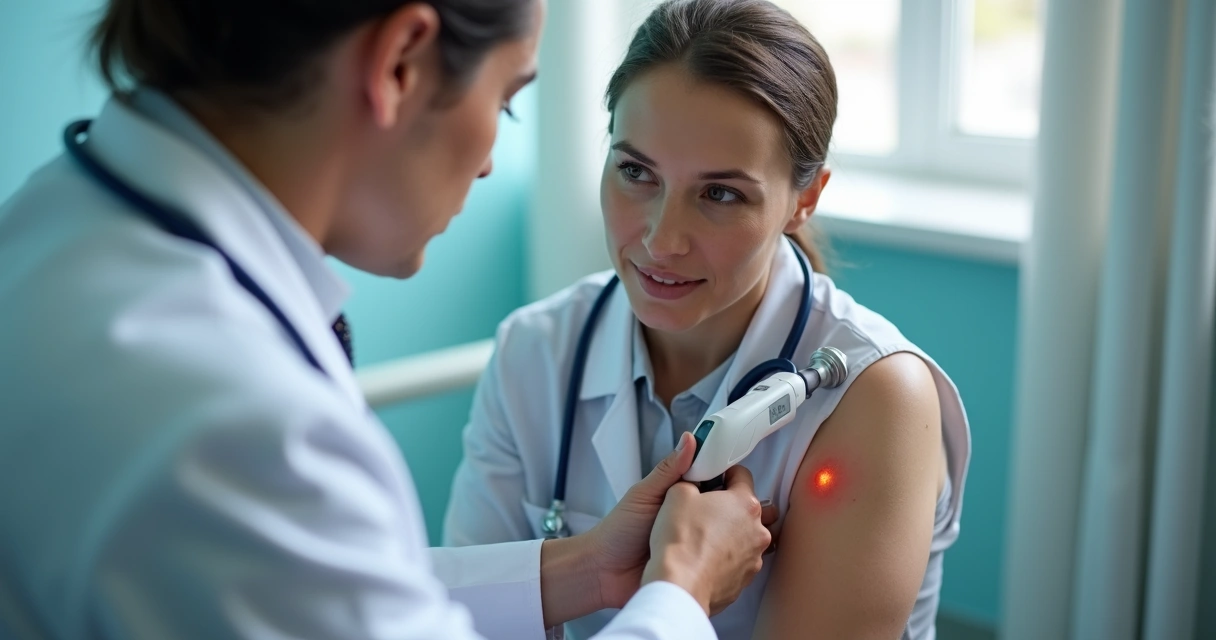 Dermatologista examinando lesão de pele de paciente 