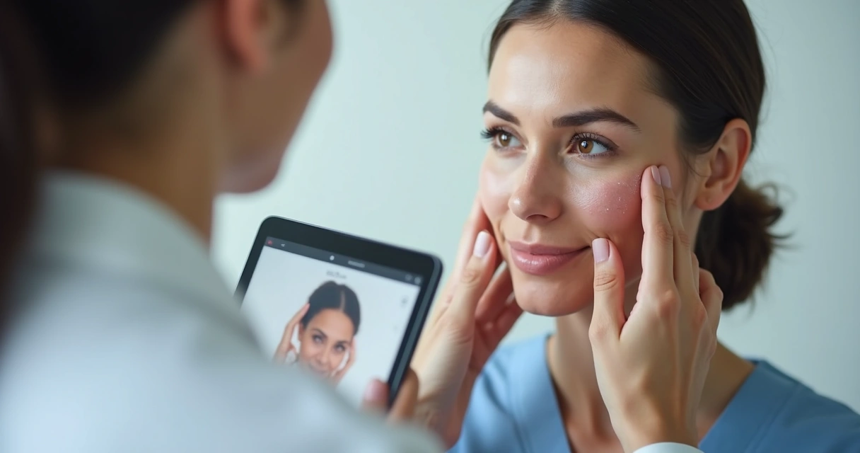 Dermatologista analisando manchas de uma paciente usando tablet 