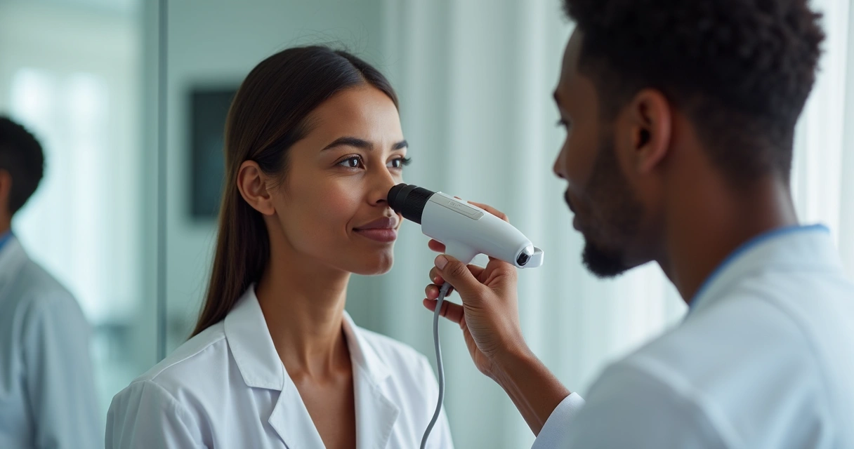 Paciente negra sendo atendida por dermatologista em clínica moderna 
