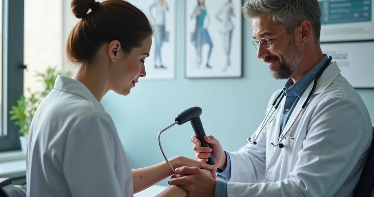 Paciente mostrando lesão de psoríase ao dermatologista em consultório 