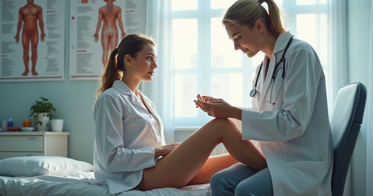 Dermatologista examinando perna de paciente com varizes 