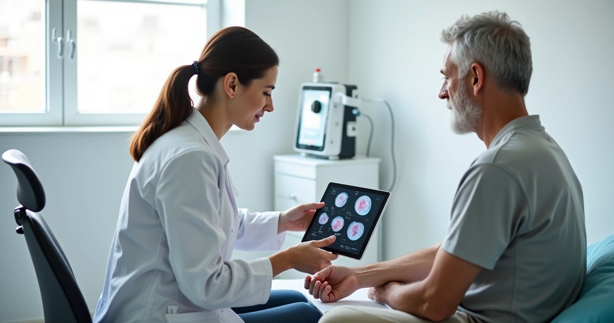 Paciente com vitiligo em consulta com dermatologista analisando manchas na pele 