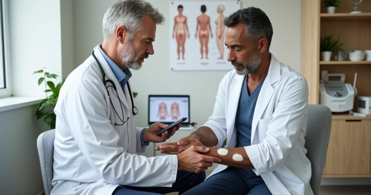 Dermatologista examinando manchas de vitiligo no braço de paciente em consultório moderno 