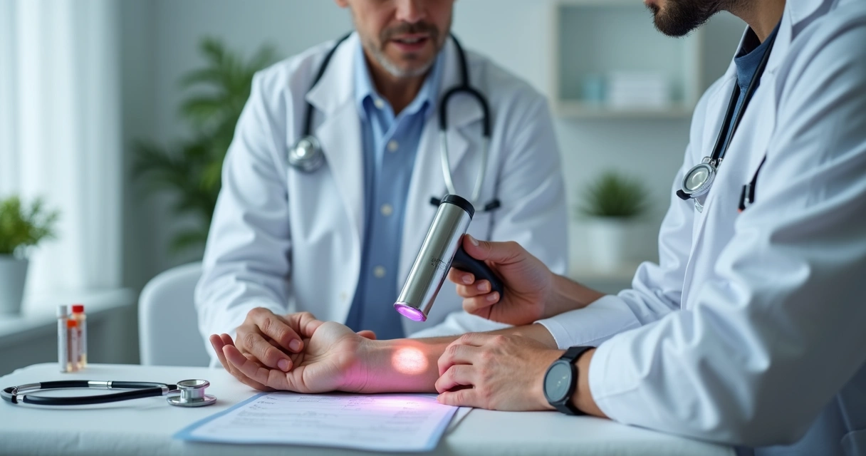 Dermatologista examinando manchas de vitiligo com lâmpada de Wood em consulta clínica. 