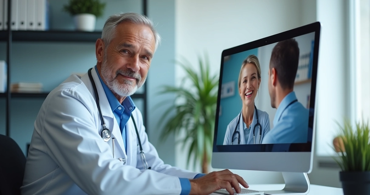 Médico em teleconsulta olhando para paciente de forma carinhosa pela câmera