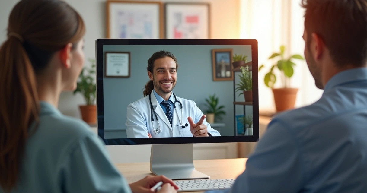 Consulta digital com médico sorridente em chamada de vídeo, paciente ao computador, luz suave, ambiente médico moderno, detalhes em destaque no rosto do médico e interface digital clara 