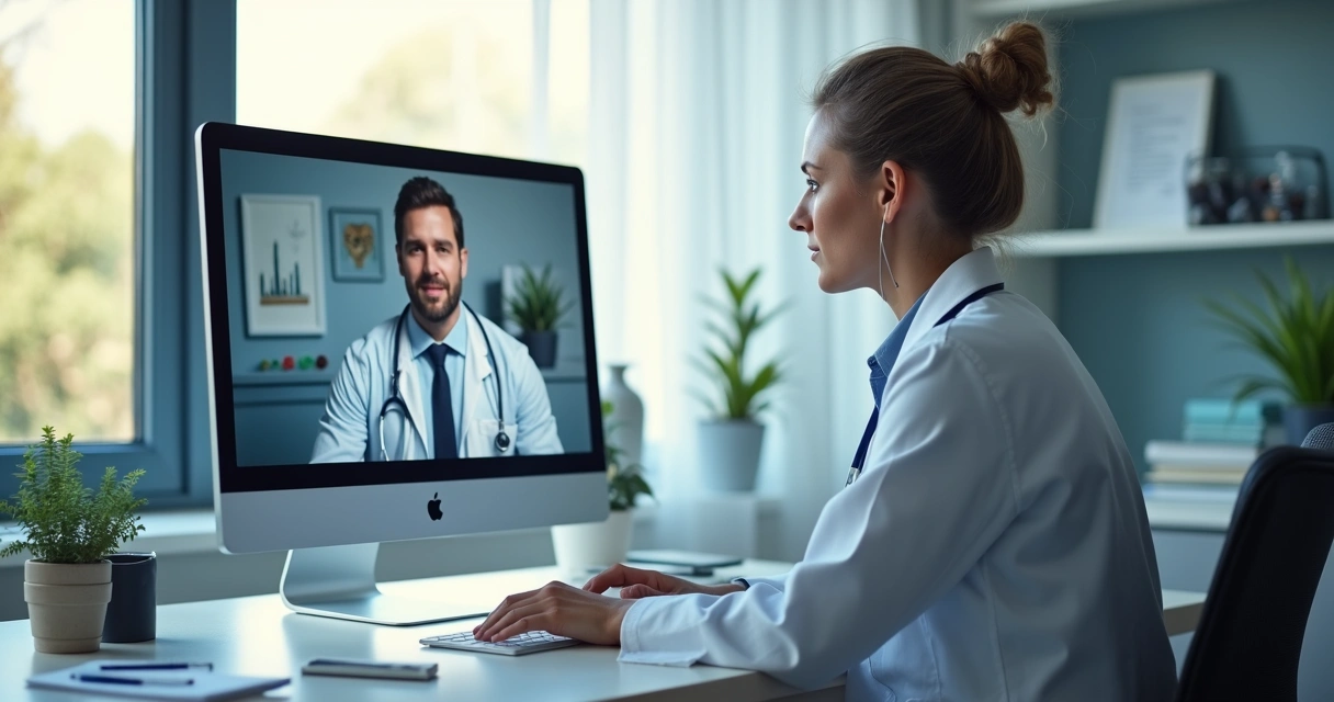 Médico realiza consulta digital por videochamada em consultório moderno 