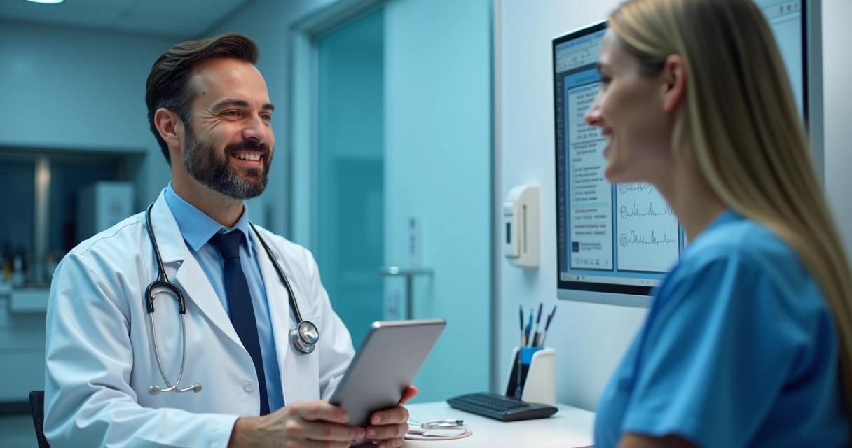 Médico em consulta online com paciente em tela de computador 