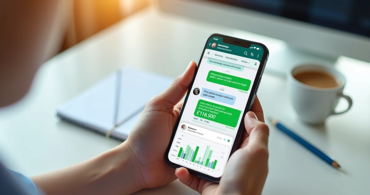 Pessoa consultando saldo do FGTS pelo WhatsApp no celular com interface financeira na tela 