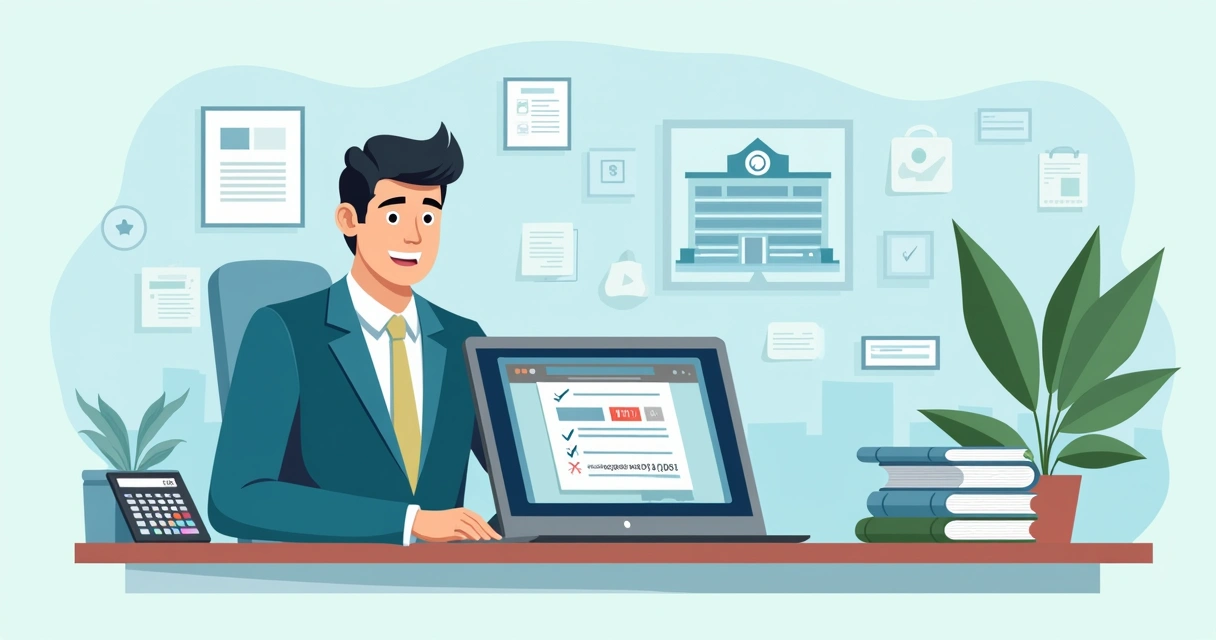 Homem consultando dívidas de IPTU em computador com tela mostrando site da prefeitura e boleto digital ao lado. 