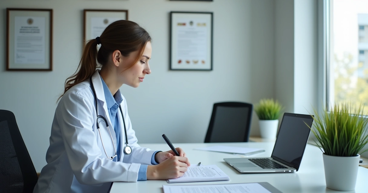 Médico sentado revisando documentos em ambiente profissional 
