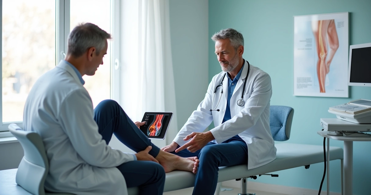Pessoa em consultório vascular apontando para a perna dolorida durante avaliação com médico 
