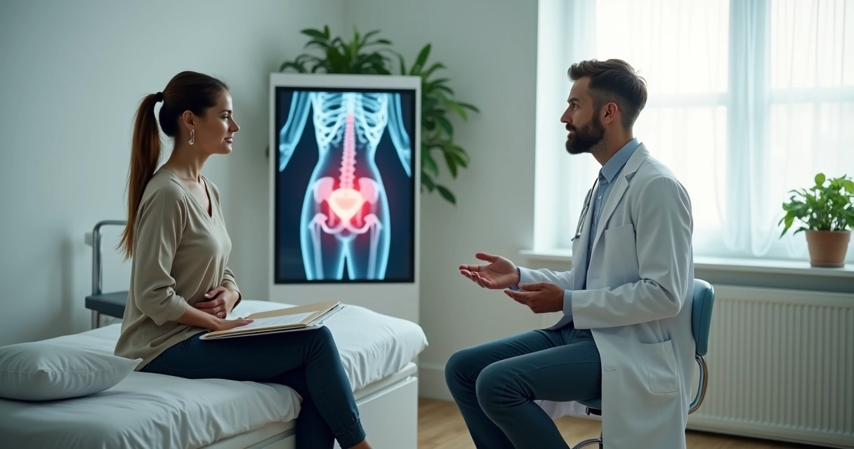 Médico ginecologista conversando com paciente sobre dor pélvica frequente em consultório moderno 
