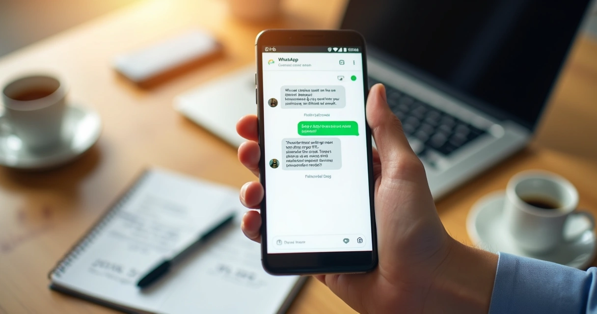 Smartphone mostrando conversa no WhatsApp com relatório resumido do DRE na tela 