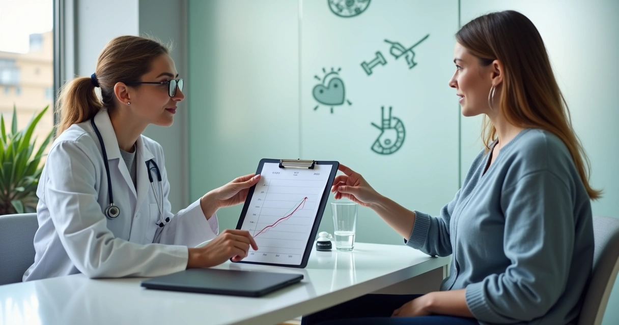 Paciente conversando com médica em clínica moderna sobre emagrecimento saudável 